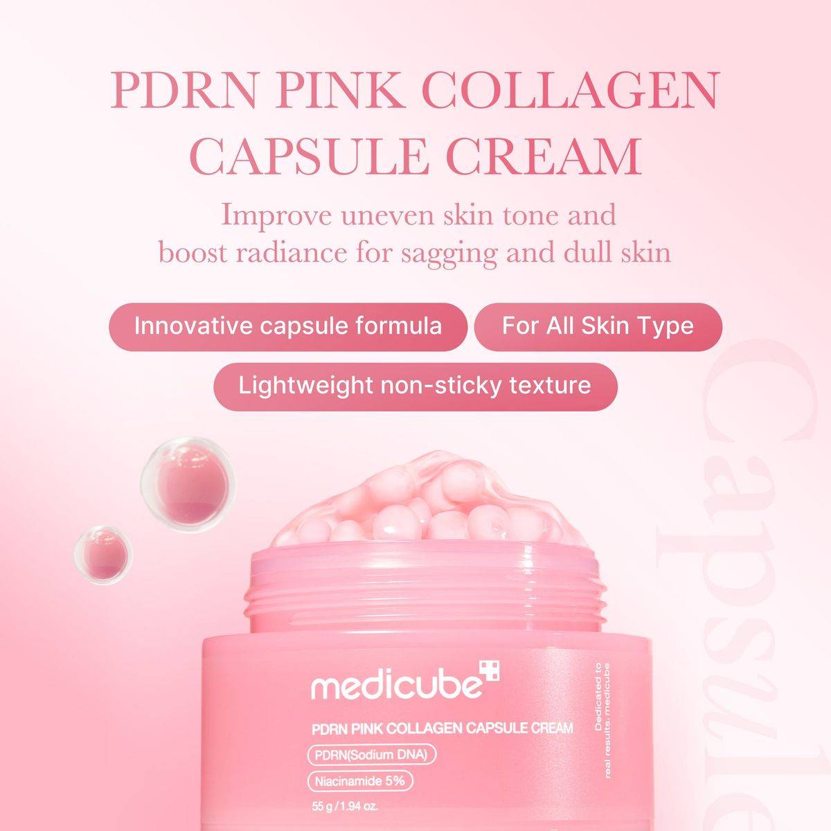 Medicube PDRN Pink Collagen Capsule Cream, Brightening, Firming and Glass Glow Moisturizer, 55g