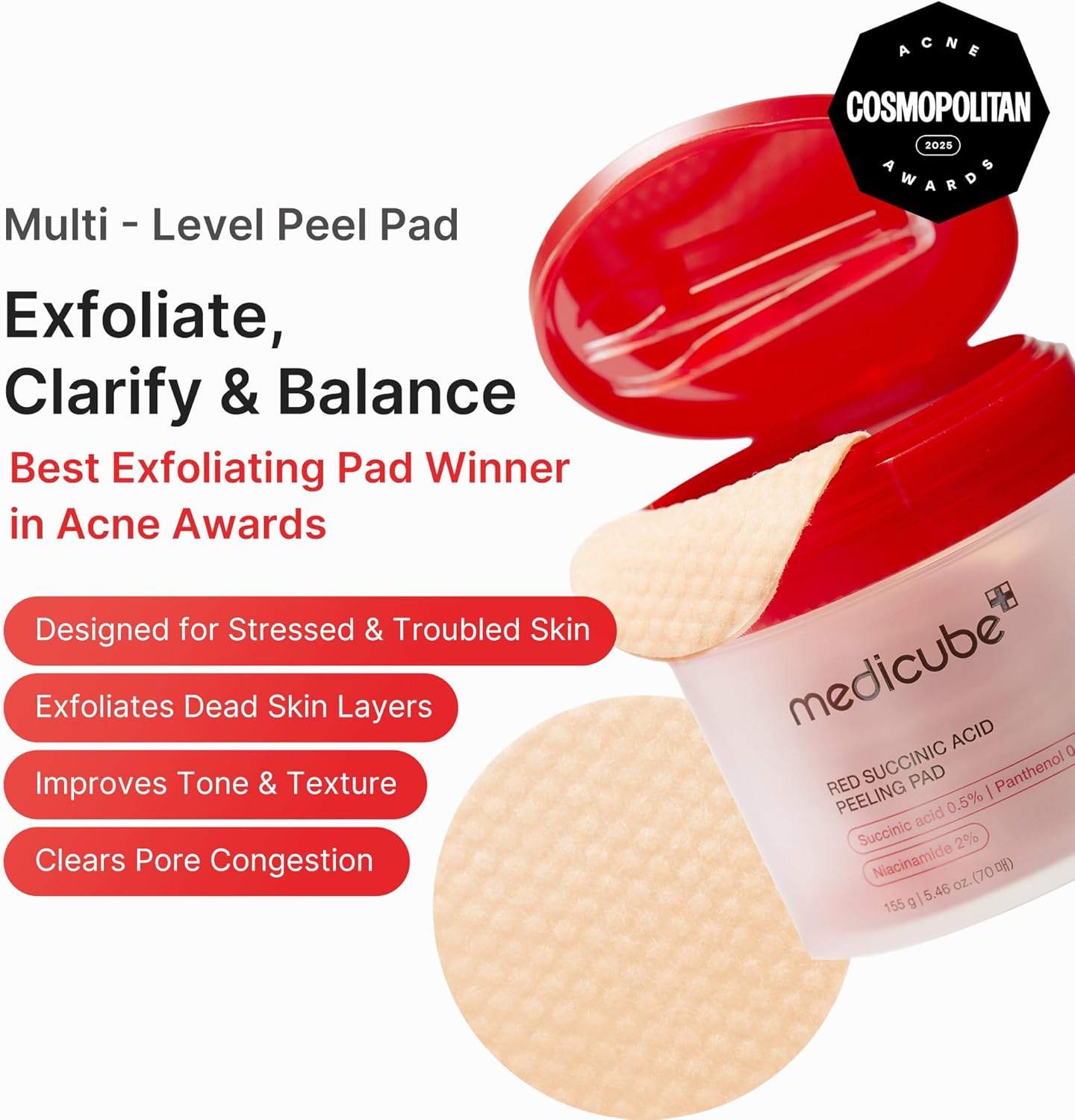 Medicube Red Succinic Acid Peeling Pads 155g, Acne Care and Tone Refining Toner Pads, 70 Pads