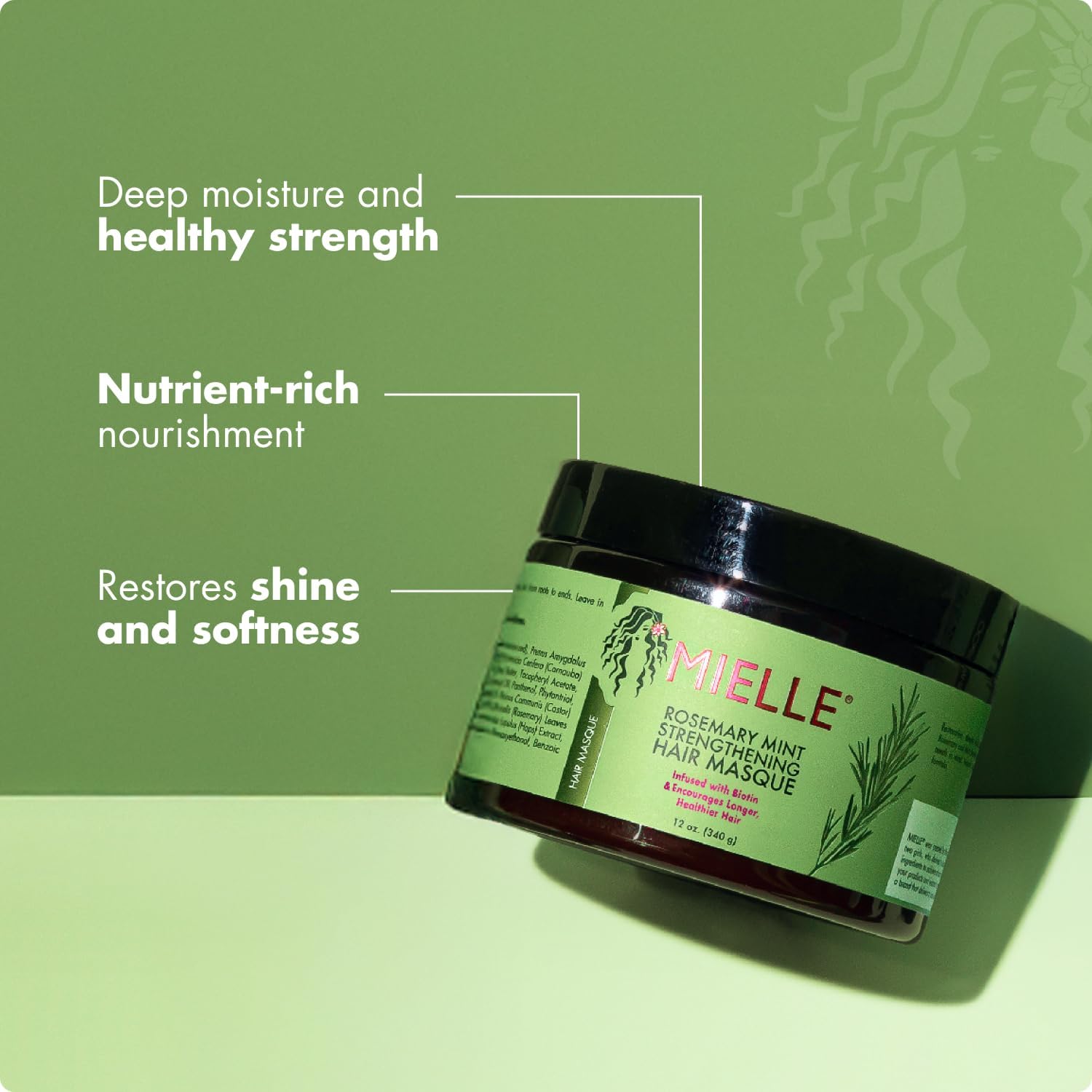 Mielle Organics Rosemary Mint Strengthening Hair Masque, Deep Moisture and Repair with Biotin, Honey & Oils - 340g