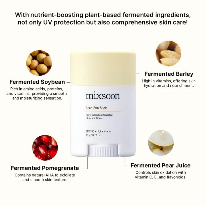 Mixsoon Bean Sun Stick (SPF50) Lightweight Matte Sun Protection with Fermented Plant Extracts - 15g