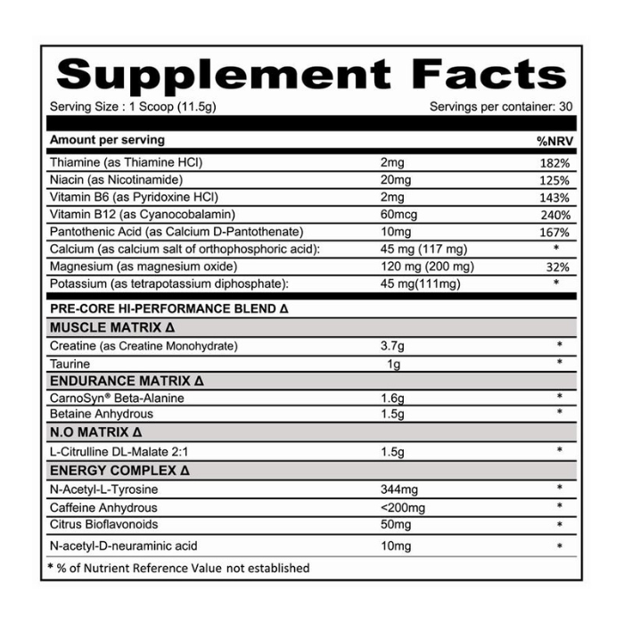 Muscle Core N.O Pre-Core Blue Raspberry Pre-Workout, Energy, Endurance and Performance Boost, 345g