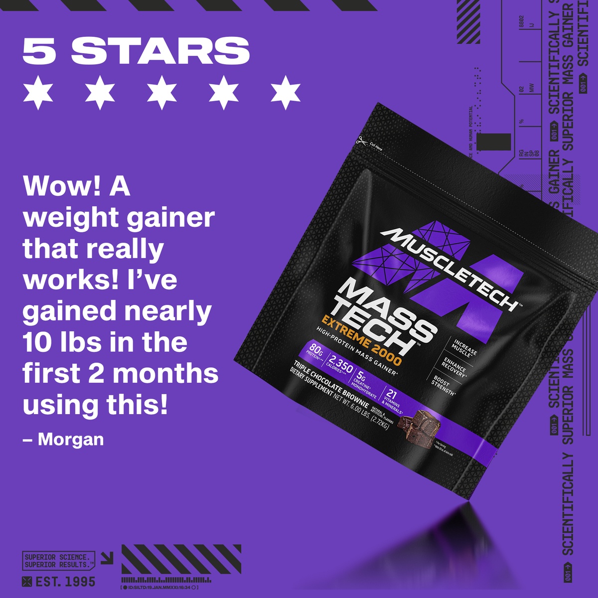 Muscle Tech Mass Tech Extreme Triple Chocolate Brownie, High-Calorie Mass Gainer for Muscle Strength, 6lb