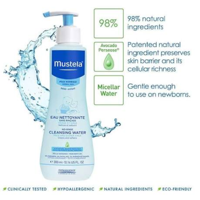 Mustela No Rinse Cleansing Water – Micellar Water for Baby Face, Body & Diaper Area, No-Rinse Formula 300ml
