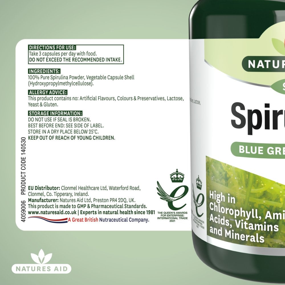 Natures Aid Organic Spirulina 500 mg 90 Vegetable Capsule