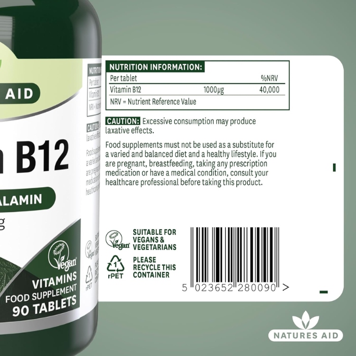 Natures Aid Vitamin B12 Sublingual 1000mcg 90 Tablets
