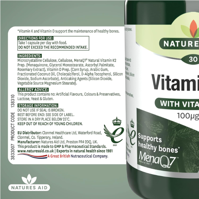 Natures Aid Vitamin K2 100Ug with Vitamin D3 30 Vegetable Capsule