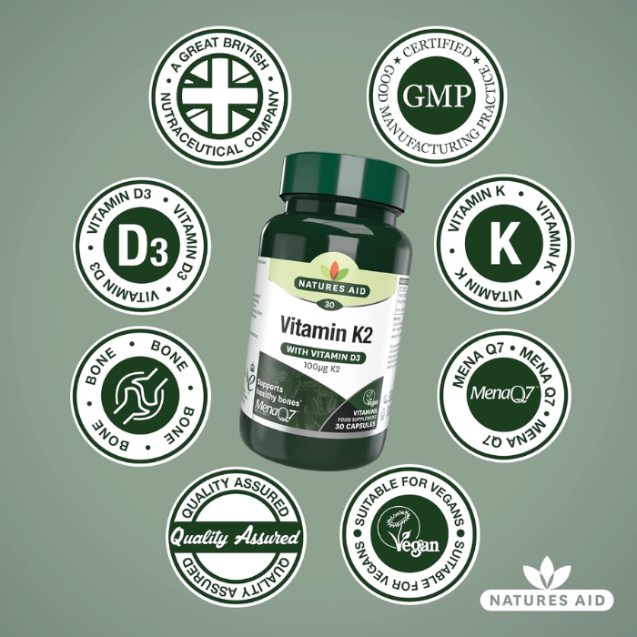 Natures Aid Vitamin K2 100Ug with Vitamin D3 30 Vegetable Capsule