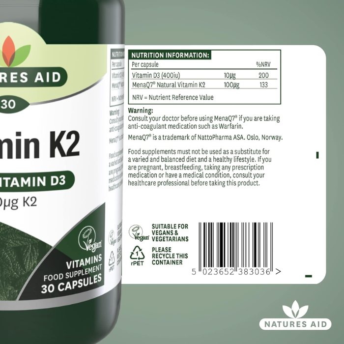 Natures Aid Vitamin K2 100Ug with Vitamin D3 30 Vegetable Capsule