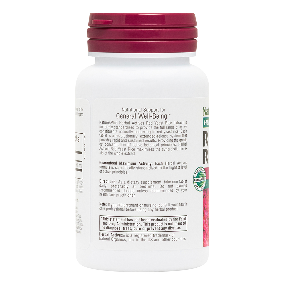 Natures Plus Herbal Actives Red Yeast Rice 600 mg 1.7% 30's