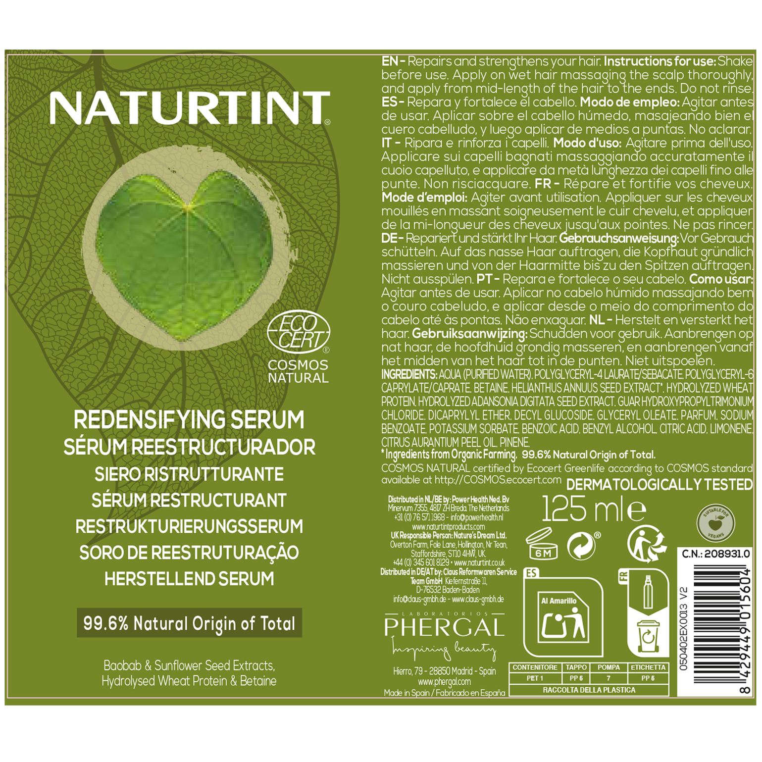 Naturtint Redensifying Serum, Hair Restructuring and Repair Treatment, 99% Natural-Origin Formula, 125ml