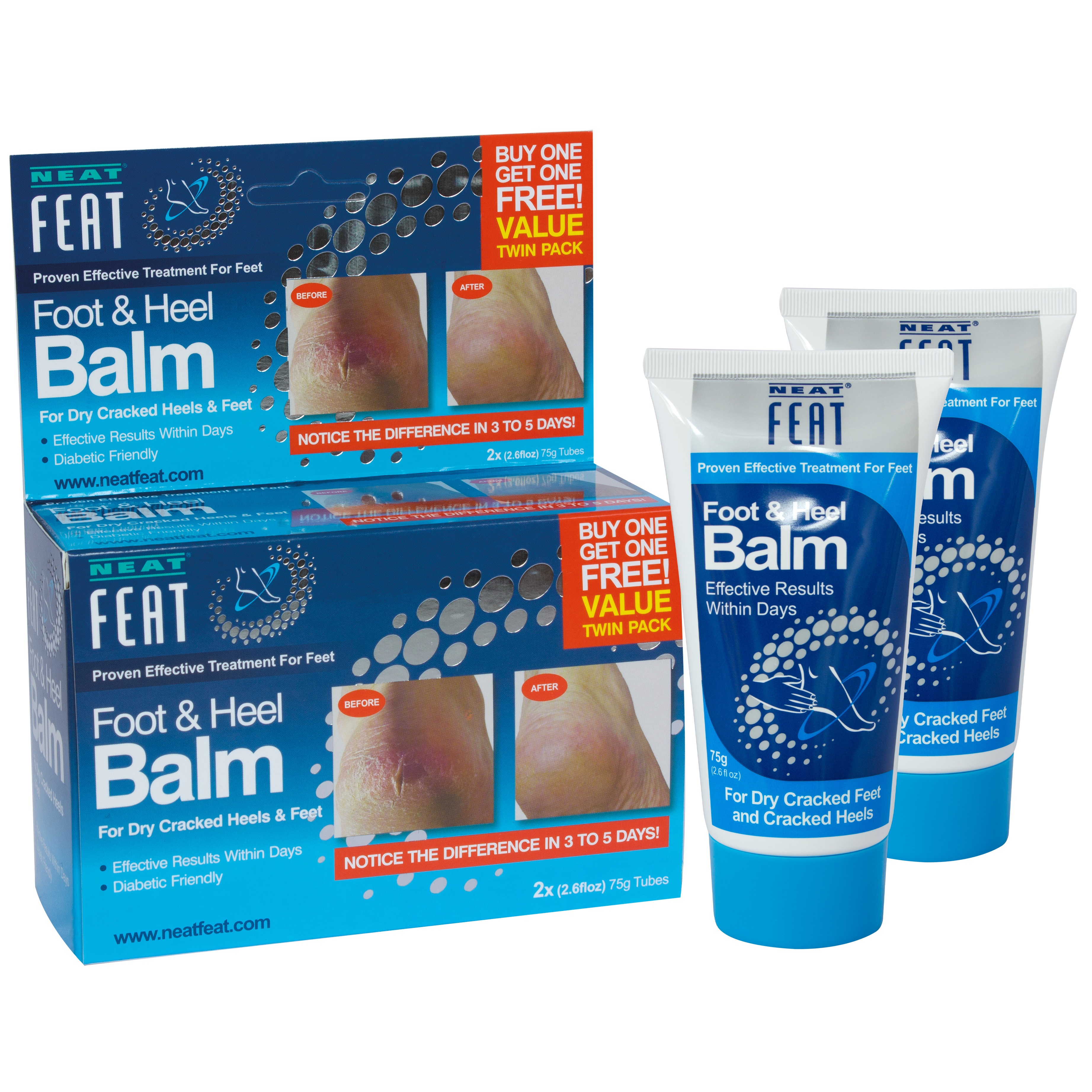 Neat Feat Foot & Heel Balm, Cracked Heel Repair and Intensive Moisturizing Cream, Twin Pack 75g