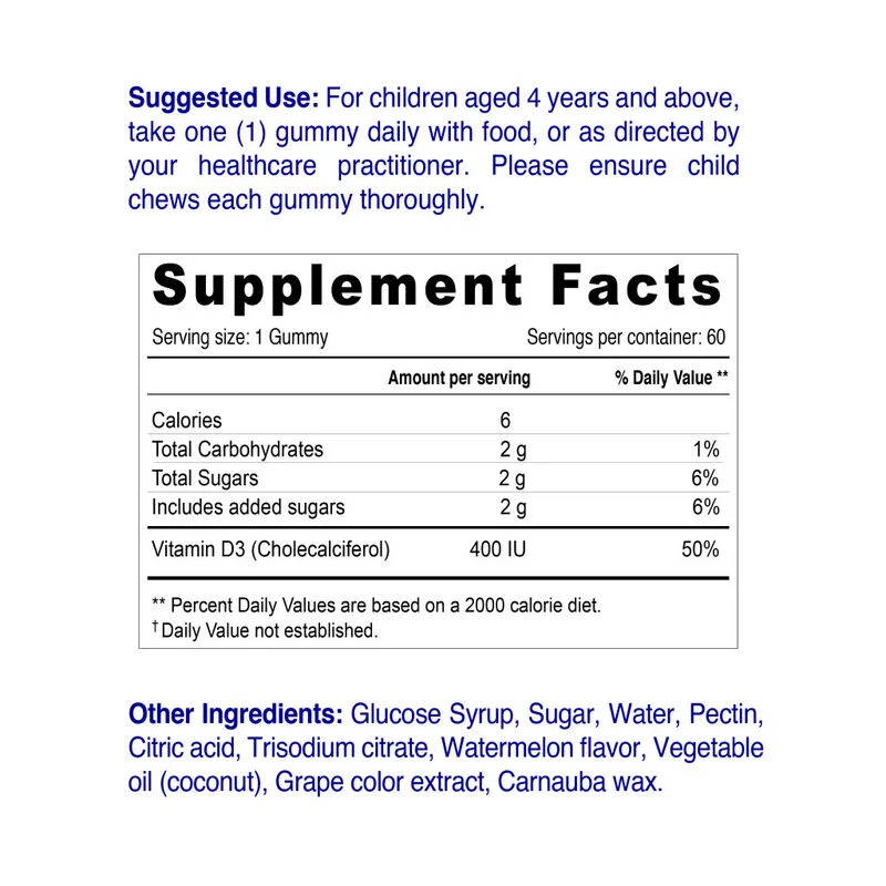 Nordic Sunshine Vitamin D3 400 IU Kids Gummies – Promotes Healthy Bones & Teeth, Immunity Support, Gelatin-Free - 60’s