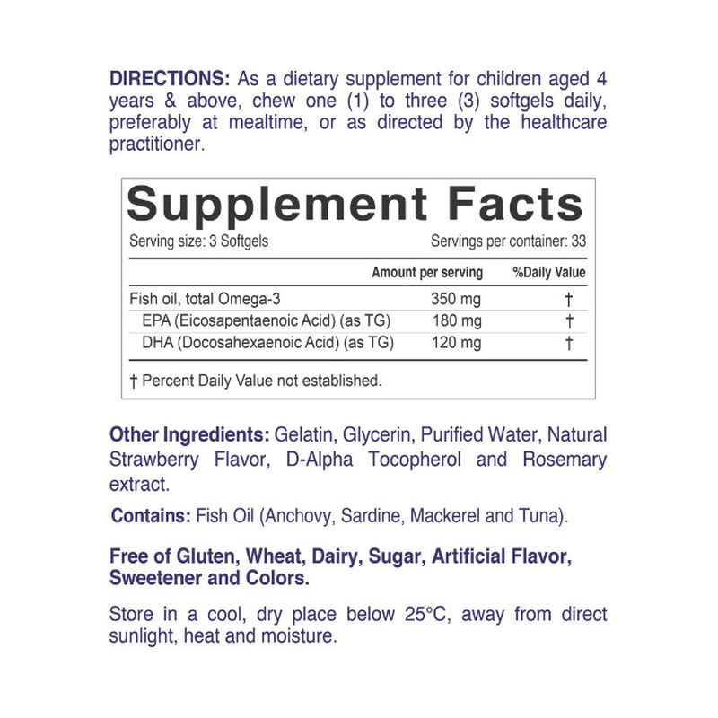 Nordic Sunshine Daily Omega-3 Kids 350mg, Brain, Eye & Immune Support - 100 Chewable Softgels