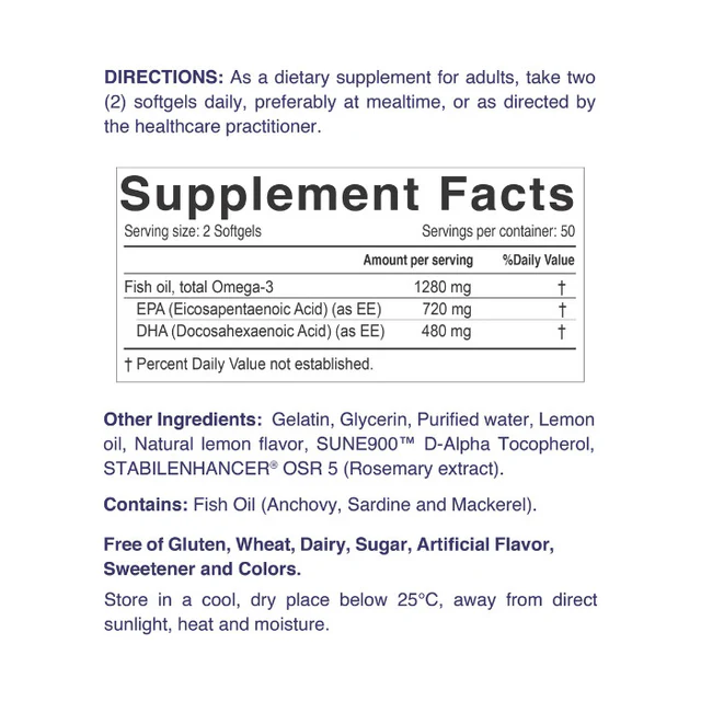 Nordic Sunshine High Potency Omega-3 1280mg - Heart, Brain, Joint & Skin Support, Triple Strength - 100 Softgels