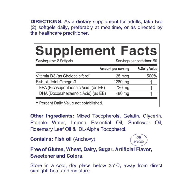 Nordic Sunshine Omega 1280mg with Vitamin D3 25mcg, High Potency EPA+DHA, Supports Heart, Brain & Immunity - 100 Softgels