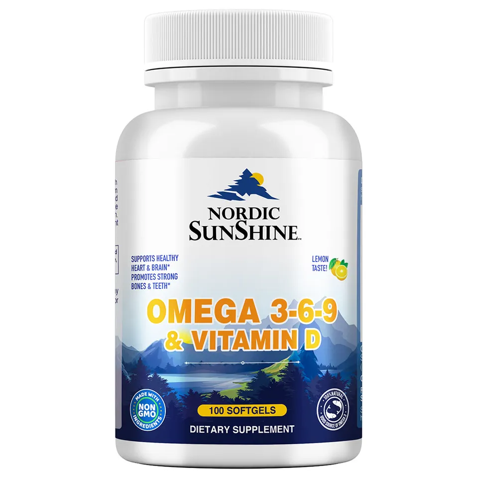 Nordic Sunshine Omega 3-6-9 688mg + Vitamin D3 25mcg, Heart, Joint, Skin & Hormone Support, Lemon Flavor - 100 Softgels