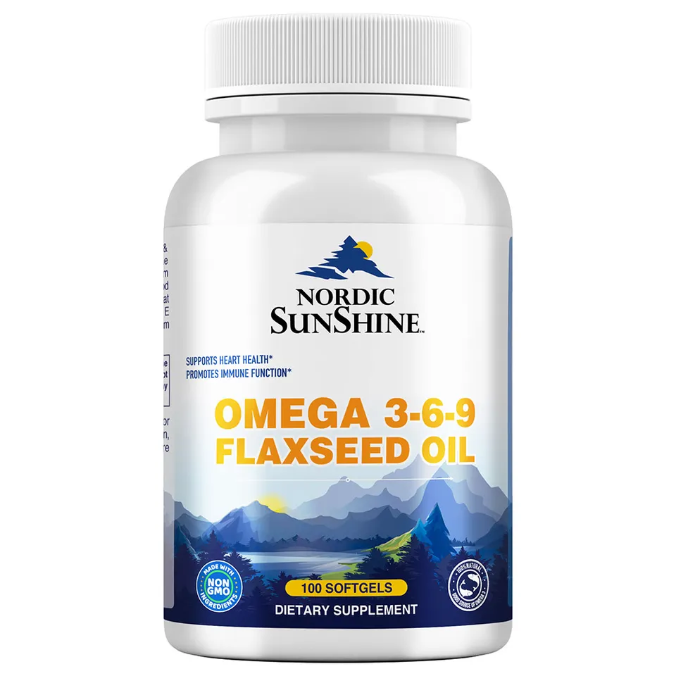 Nordic Sunshine Omega 3-6-9 Flaxseed Oil 1000mg, ALA-Rich Plant-Based Formula with Vitamin D & E for Heart, Brain -100 Softgels