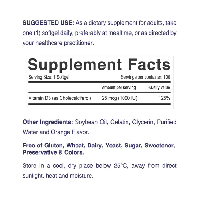 Nordic Sunshine Vitamin D3 1000 IU, Immune, Bone & Mood Support for Healthy Calcium Absorption – 100 Softgels