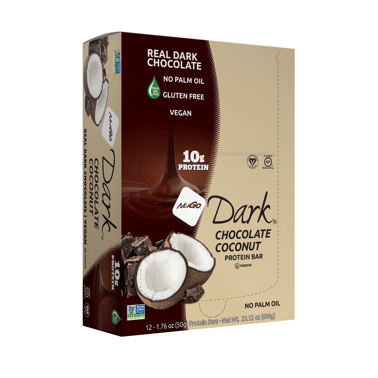 NuGo Dark Chocolate Coconut Bar 50g, 10g Vegan Protein, Gluten Free, Non-GMO, Pack of 12 pcs