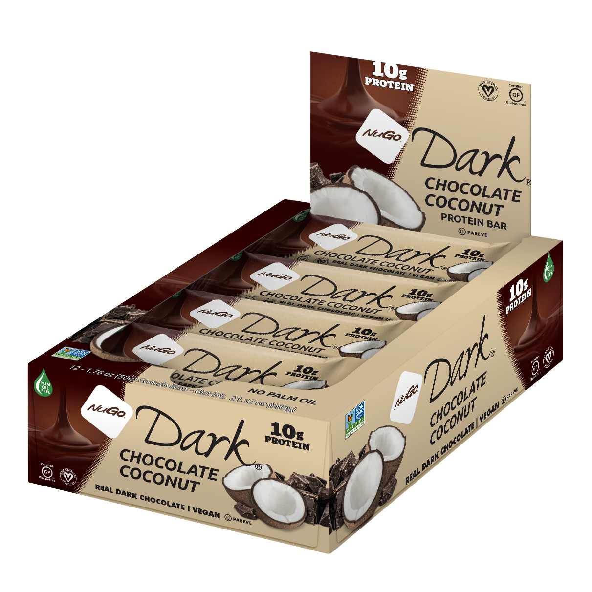NuGo Dark Chocolate Coconut Bar 50g, 10g Vegan Protein, Gluten Free, Non-GMO, Pack of 12 pcs
