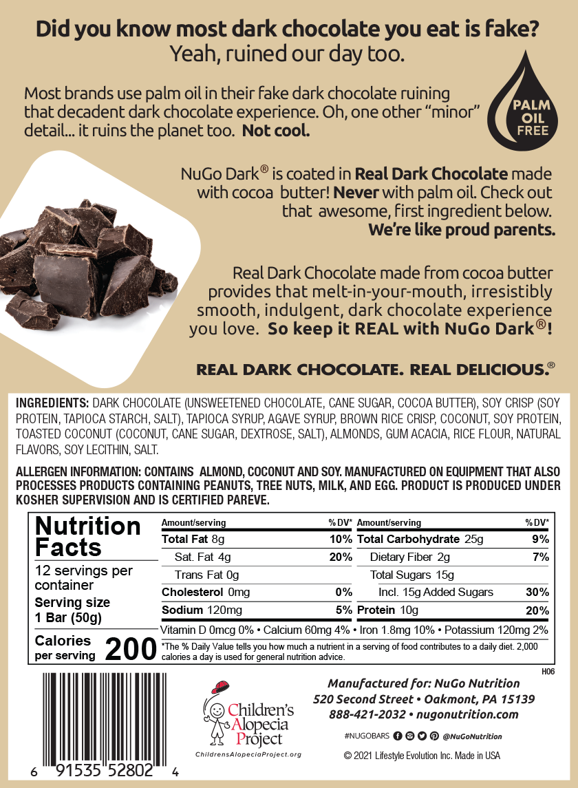 NuGo Dark Chocolate Coconut Bar 50g, 10g Vegan Protein, Gluten Free, Non-GMO, Pack of 12 pcs