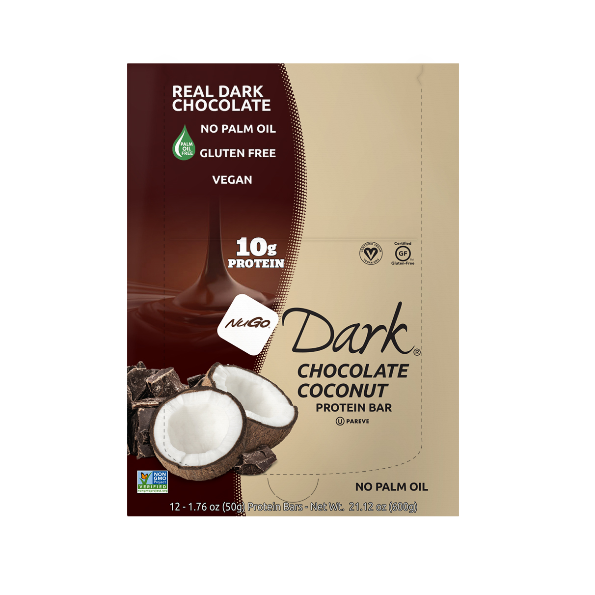 NuGo Dark Chocolate Coconut Bar 50g, 10g Vegan Protein, Gluten Free, Non-GMO, Pack of 12 pcs