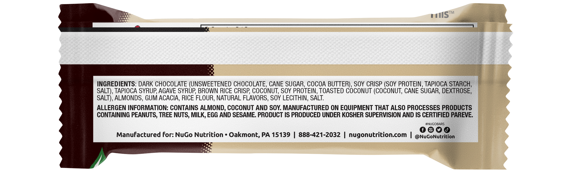 NuGo Dark Chocolate Coconut Bar 50g, 10g Vegan Protein, Gluten Free, Non-GMO, Pack of 12 pcs