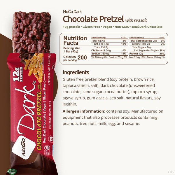 NuGo Dark Chocolate Pretzel Bar 12g Protein, Gluten Free, No Palm Oil, 50g