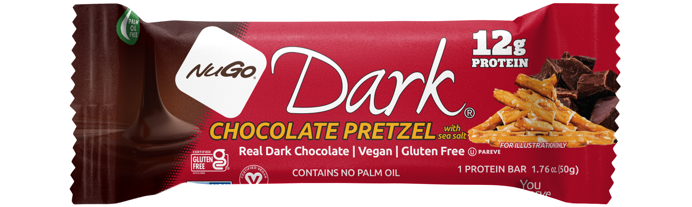 NuGo Dark Chocolate Pretzel Bar 50g, 12g Protein, Gluten Free, No Palm Oil, Pack of 12 pcs