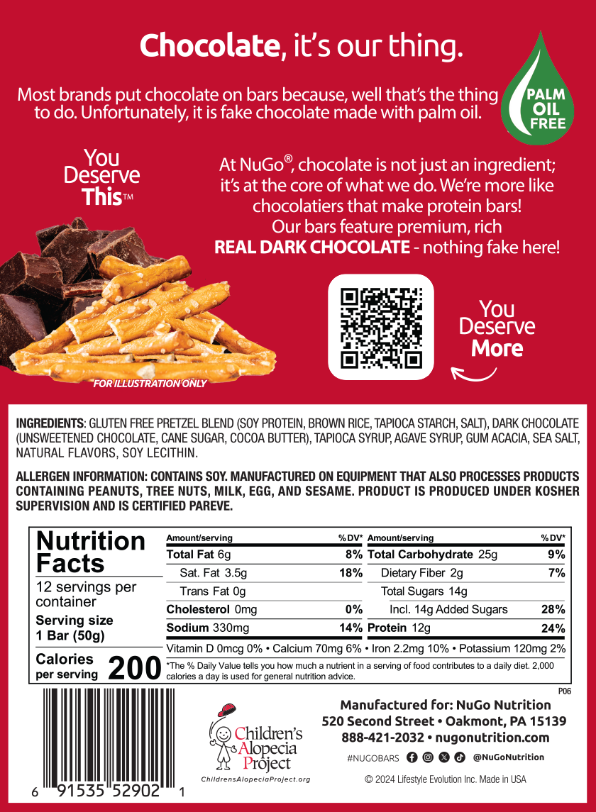 NuGo Dark Chocolate Pretzel Bar 50g, 12g Protein, Gluten Free, No Palm Oil, Pack of 12 pcs