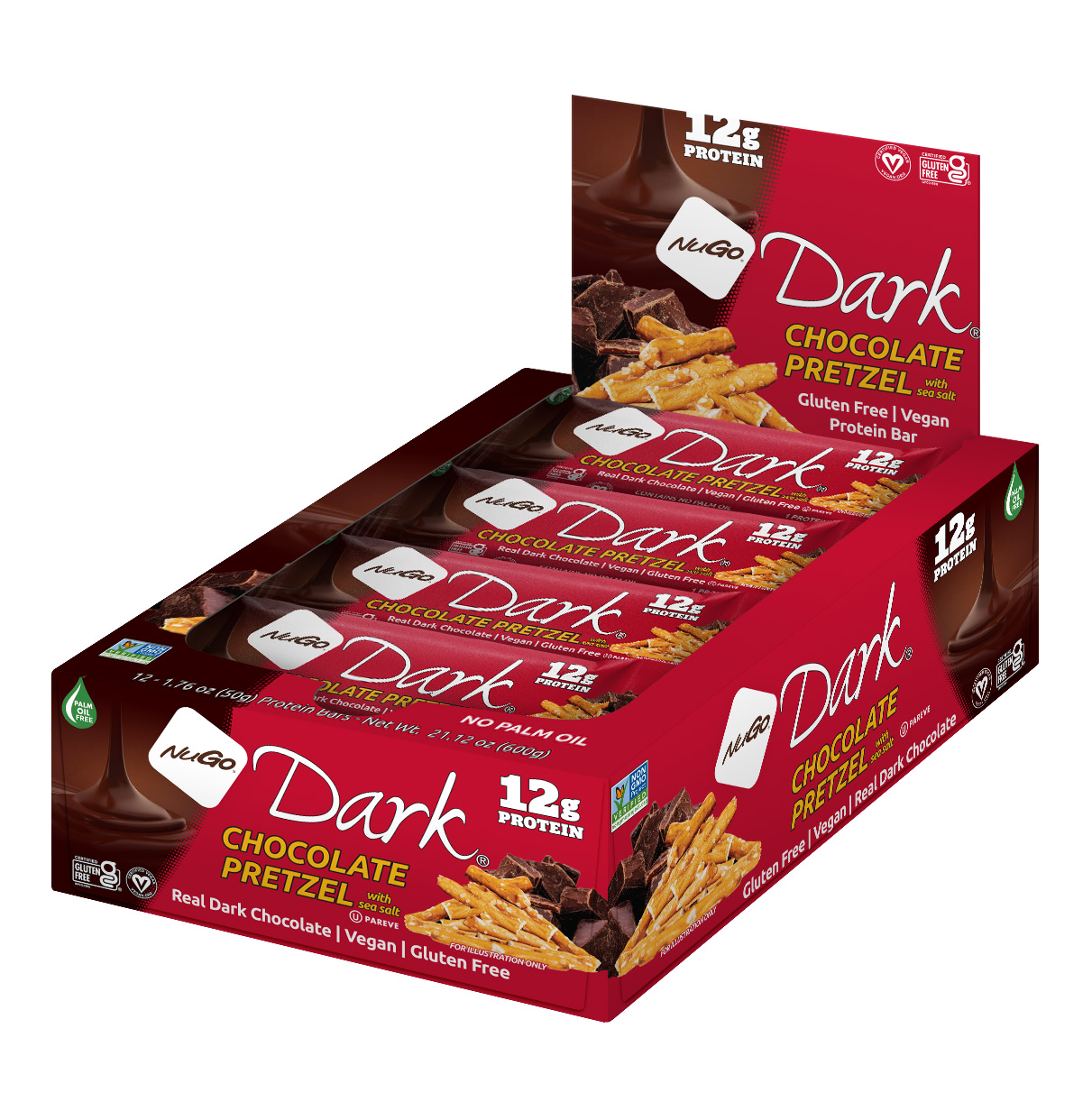 NuGo Dark Chocolate Pretzel Bar 50g, 12g Protein, Gluten Free, No Palm Oil, Pack of 12 pcs