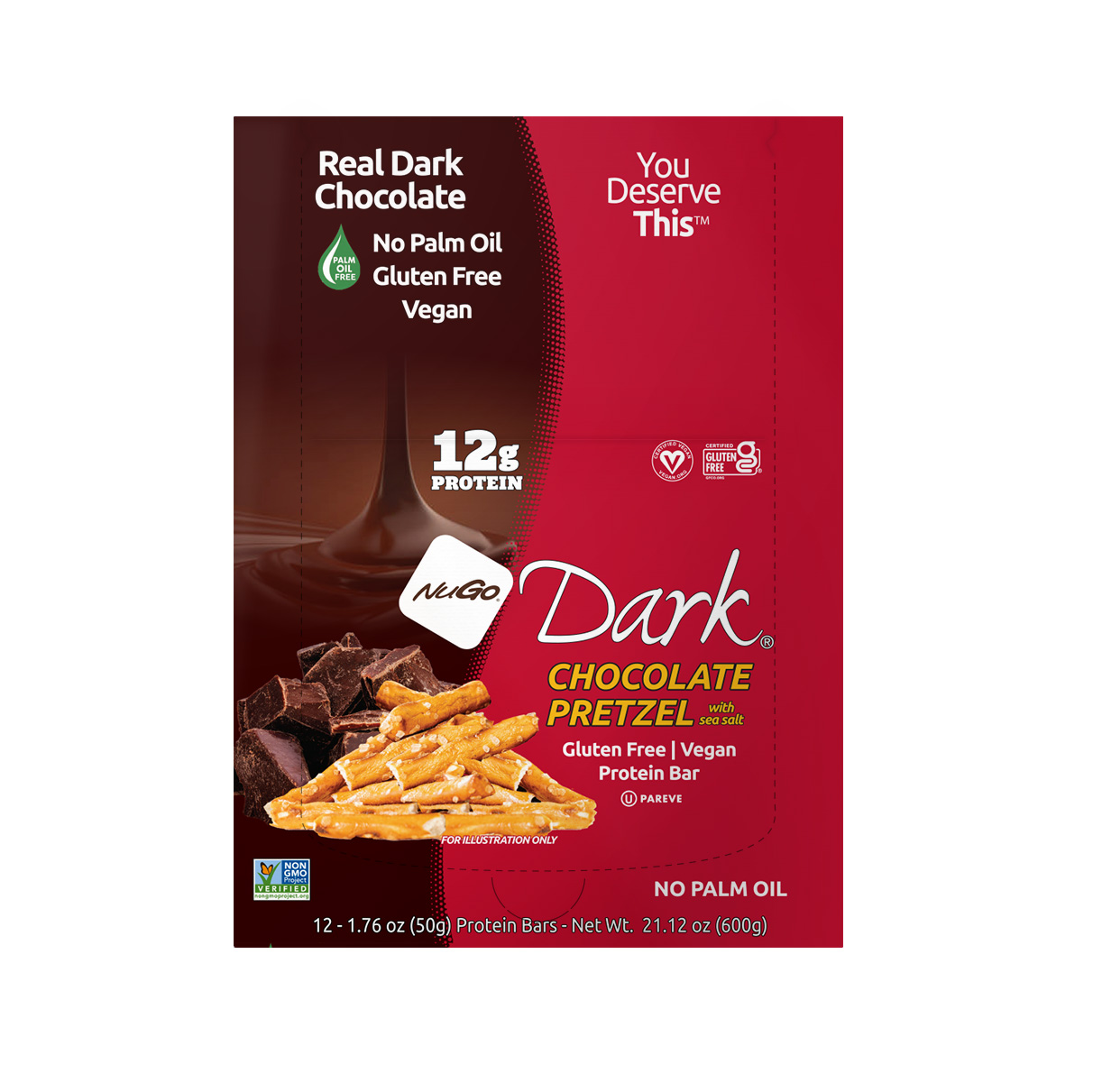 NuGo Dark Chocolate Pretzel Bar 50g, 12g Protein, Gluten Free, No Palm Oil, Pack of 12 pcs
