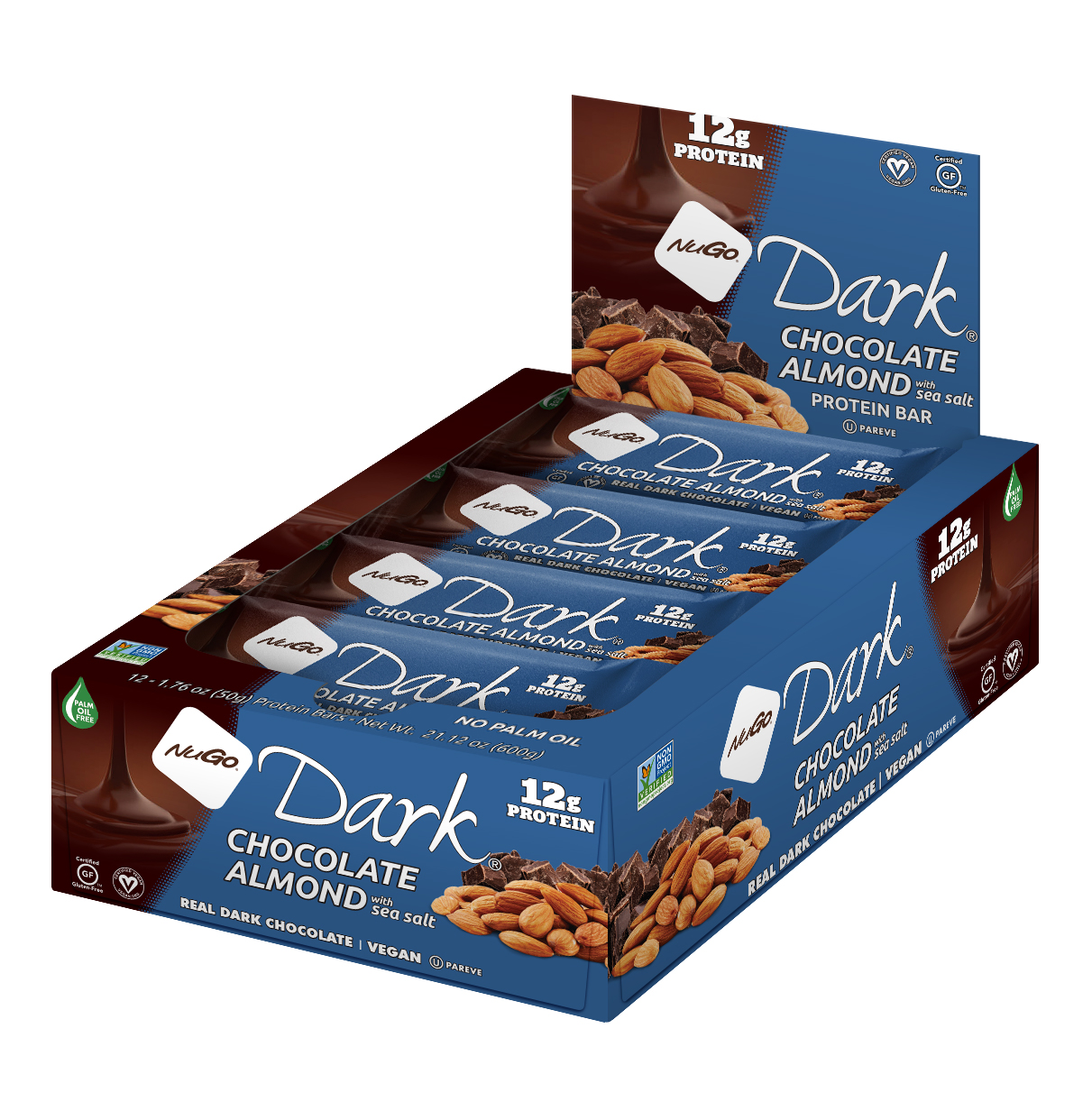 NuGo Dark Chocolate Almond Sea Salt Protein Bar 50g, 12g Vegan Protein, Gluten Free, Pack of 12 pcs