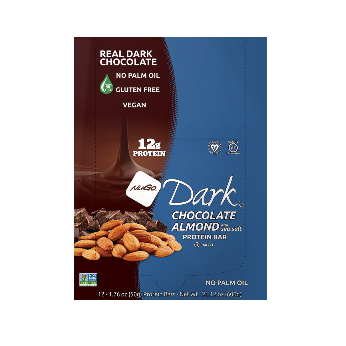 NuGo Dark Chocolate Almond Sea Salt Protein Bar 50g, 12g Vegan Protein, Gluten Free, Pack of 12 pcs