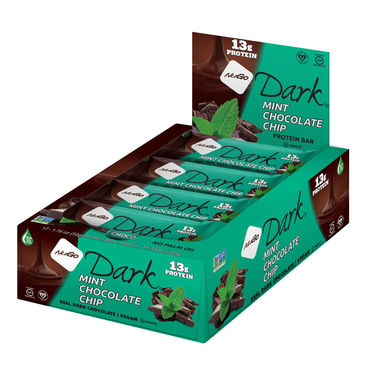 NuGo Dark Mint Chocolate Chip Bar 50g, 13g Protein, Gluten Free, Non-GMO, Pack of 12 pcs