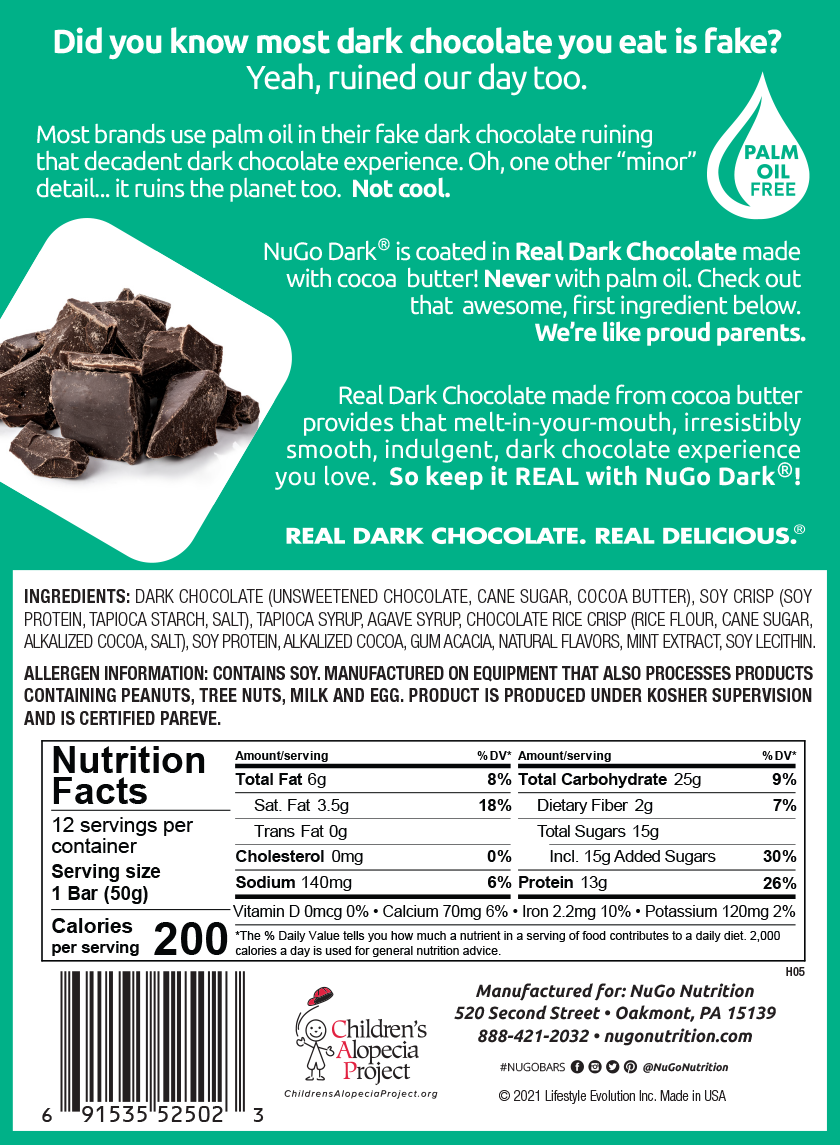 NuGo Dark Mint Chocolate Chip Bar 50g, 13g Protein, Gluten Free, Non-GMO, Pack of 12 pcs