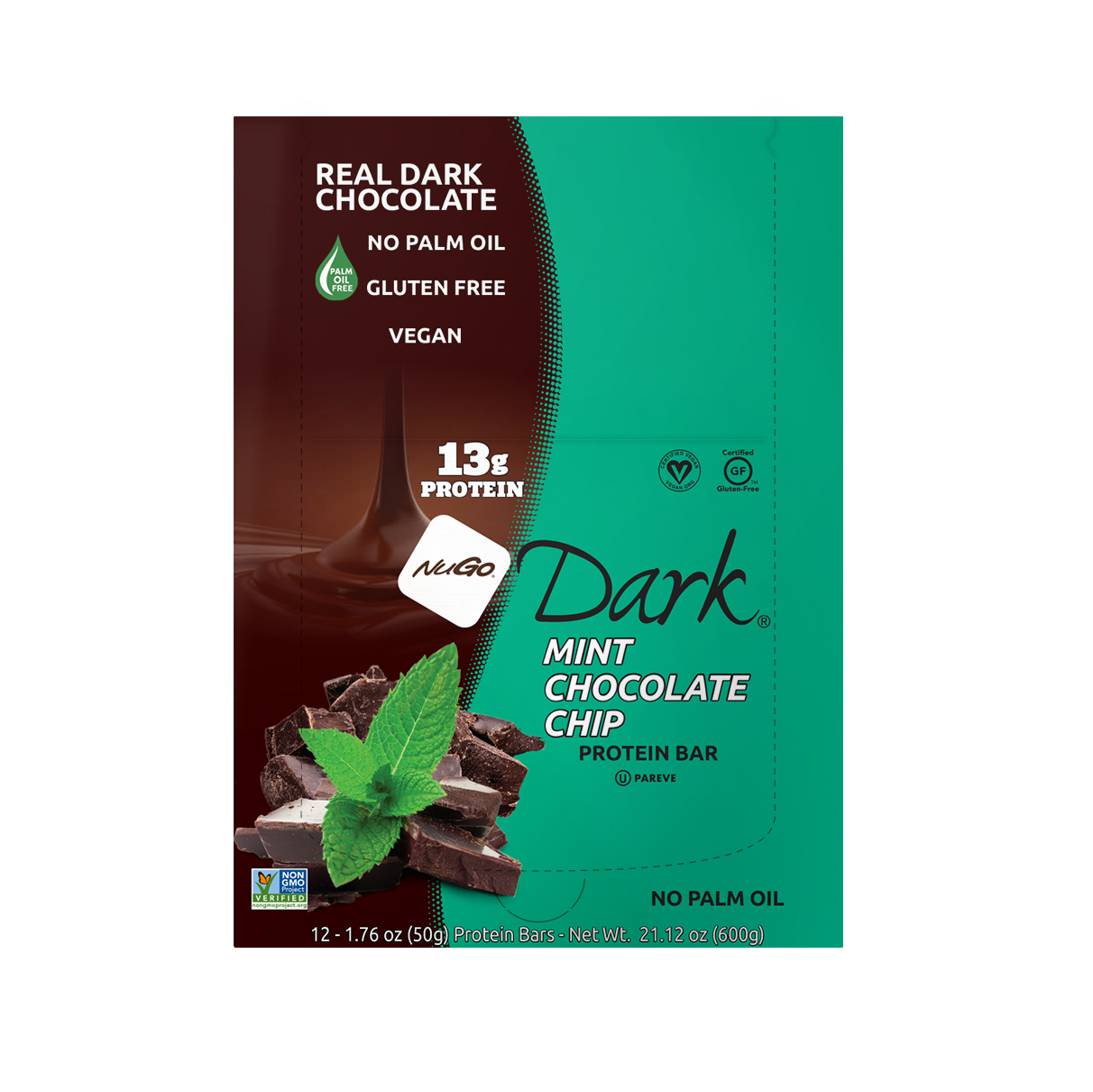 NuGo Dark Mint Chocolate Chip Bar 50g, 13g Protein, Gluten Free, Non-GMO, Pack of 12 pcs