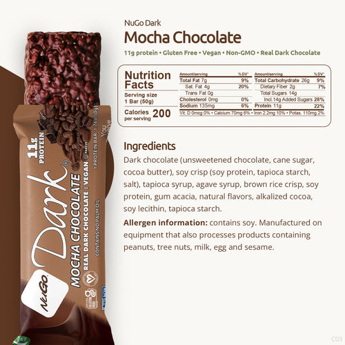 NuGo Dark Mocha Chocolate Protein Bar 11g Vegan Protein, Gluten Free, Non-GMO, 50g
