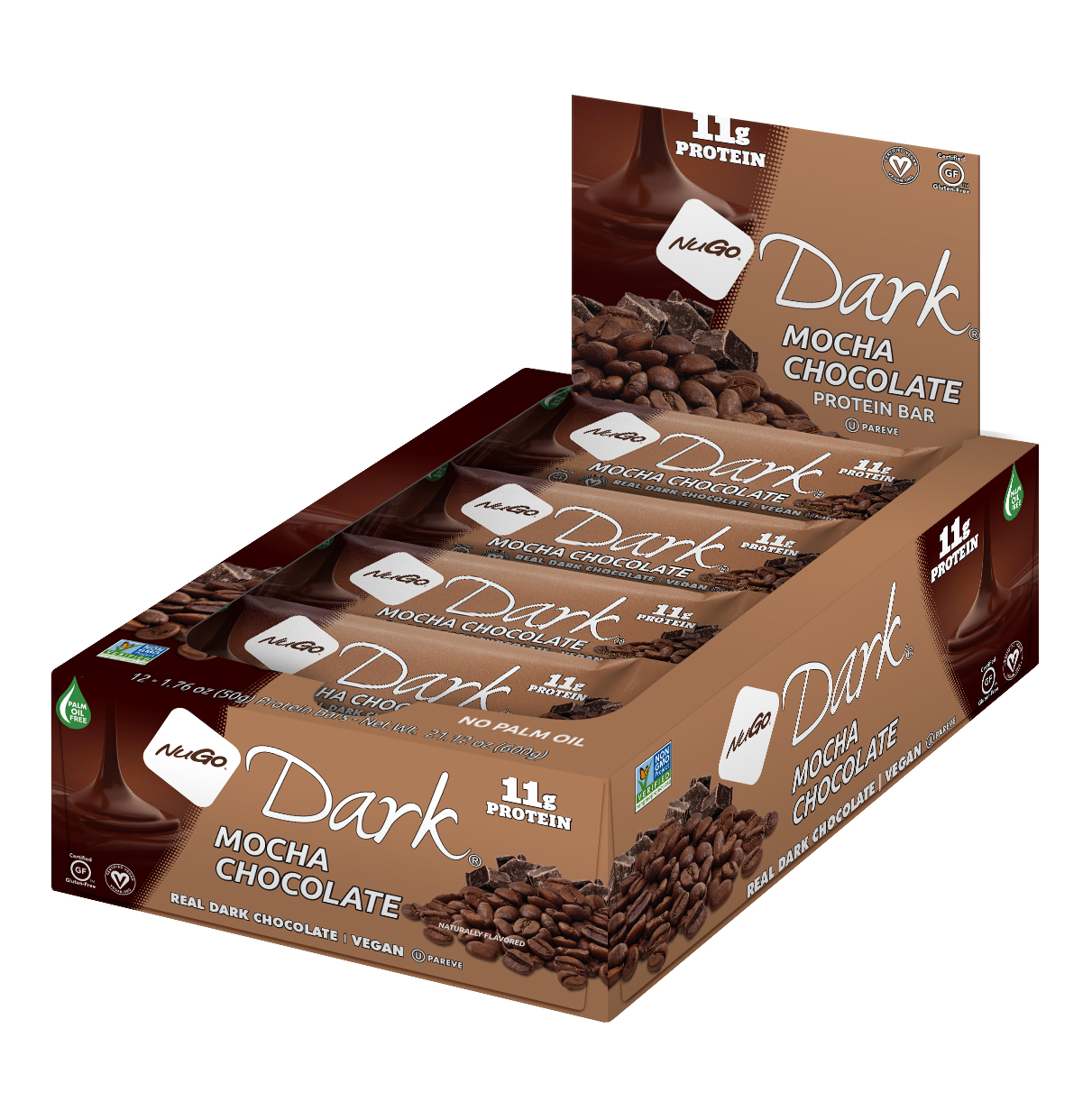 NuGo Dark Mocha Chocolate Protein Bar 50g, 11g Vegan Protein, Gluten Free, Non-GMO, Pack of 12 pcs