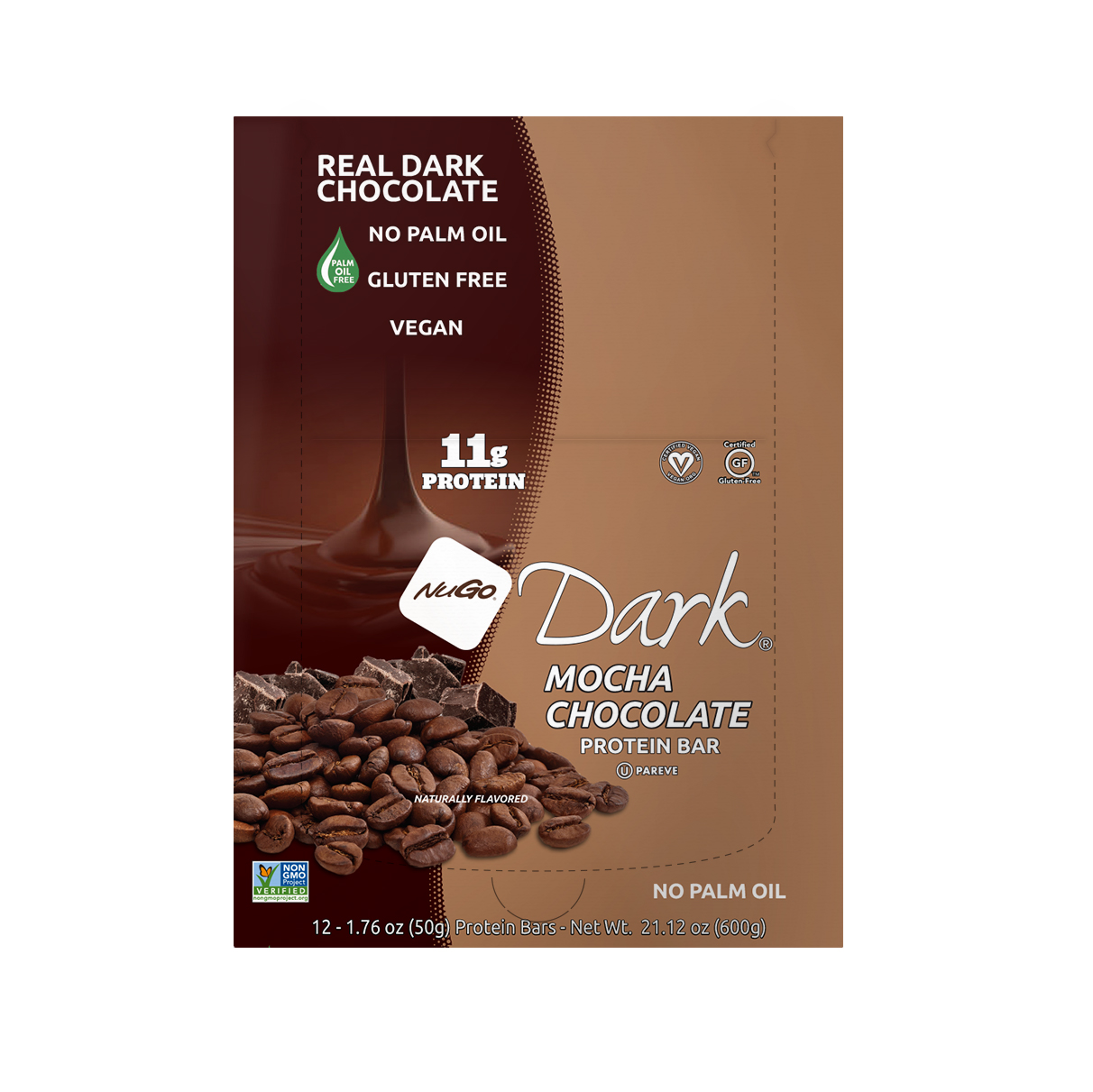NuGo Dark Mocha Chocolate Protein Bar 50g, 11g Vegan Protein, Gluten Free, Non-GMO, Pack of 12 pcs