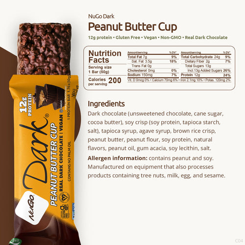 NuGo Dark Peanut Butter Cup Protein Bar 12g Vegan Protein, Gluten Free, Non-GMO, 50g