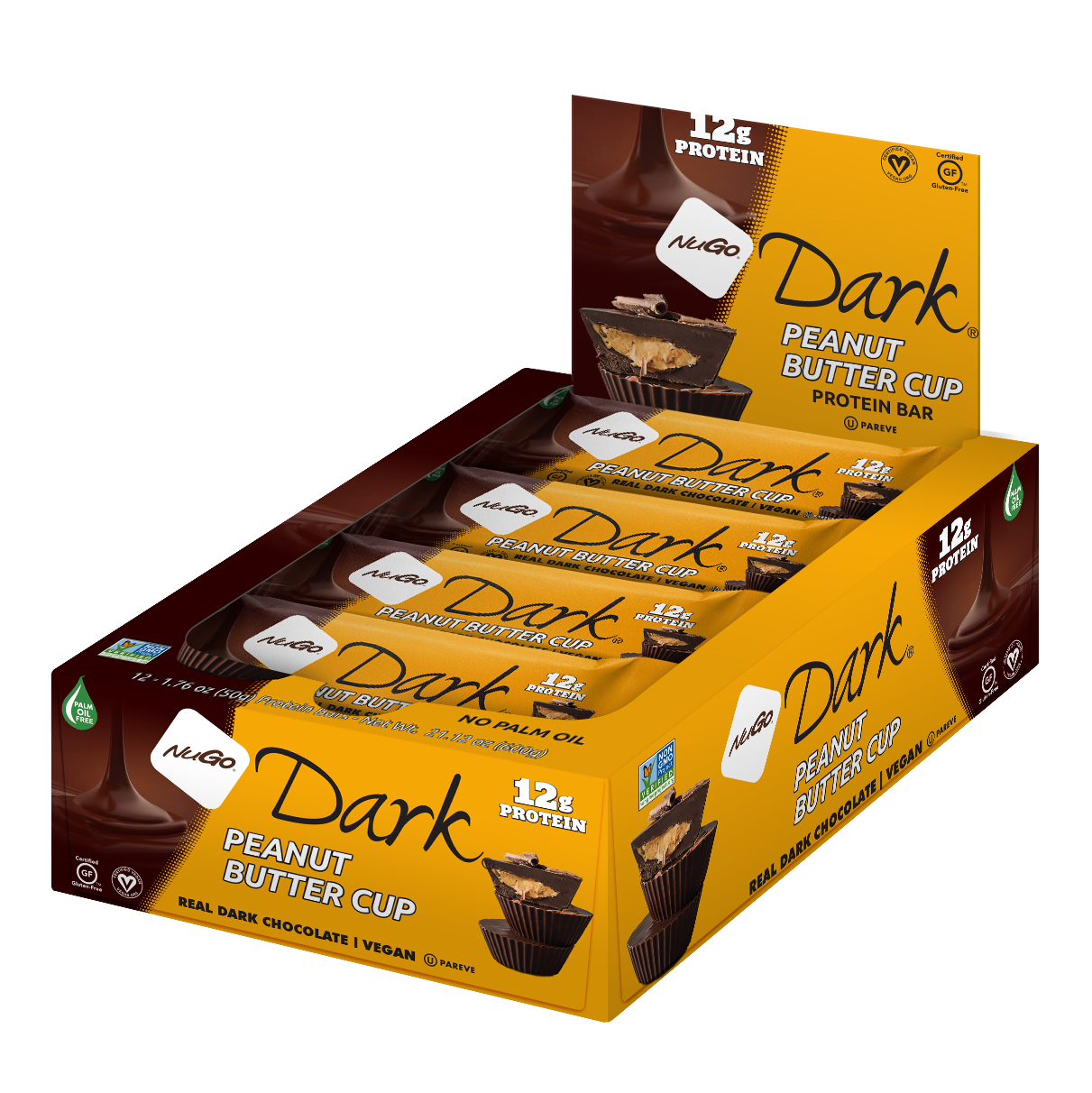 NuGo Dark Peanut Butter Cup Protein Bar 50g, 12g Vegan Protein, Gluten Free, Non-GMO, Pack of 12 pcs