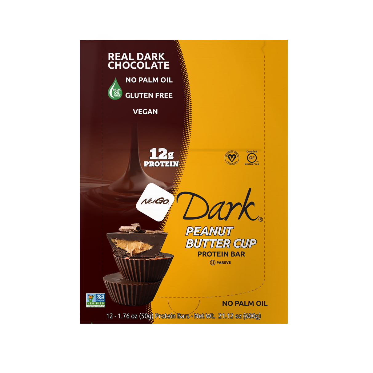 NuGo Dark Peanut Butter Cup Protein Bar 50g, 12g Vegan Protein, Gluten Free, Non-GMO, Pack of 12 pcs