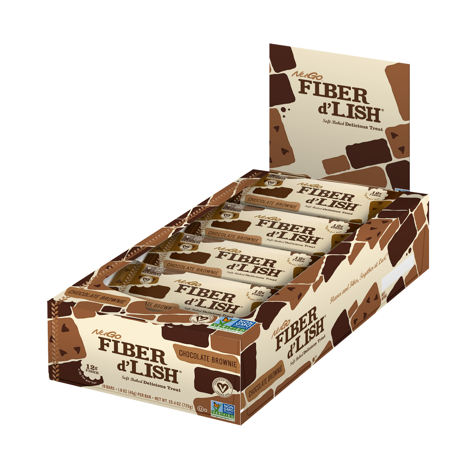 NuGo Fiber D’Lish Chocolate Brownie Bar 45g, Fiber, Vegan, Soft-Baked Digestive Health Snack, Pack of 16 pcs