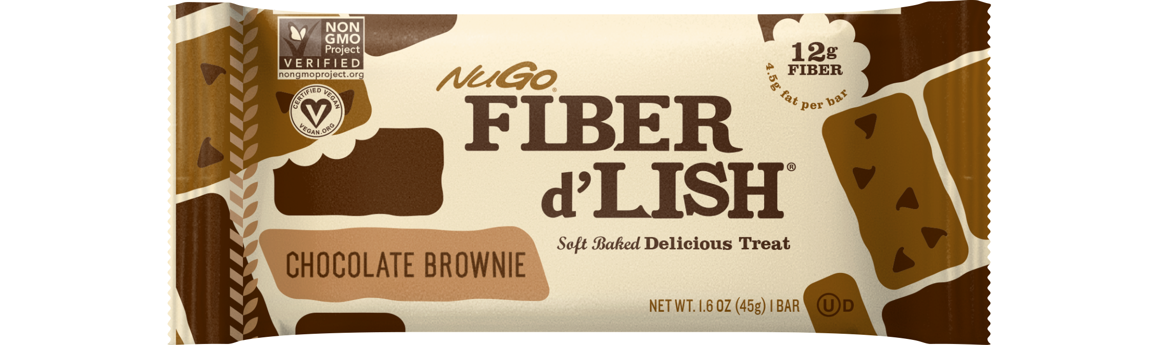 NuGo Fiber D’Lish Chocolate Brownie Bar 45g, Fiber, Vegan, Soft-Baked Digestive Health Snack, Pack of 16 pcs