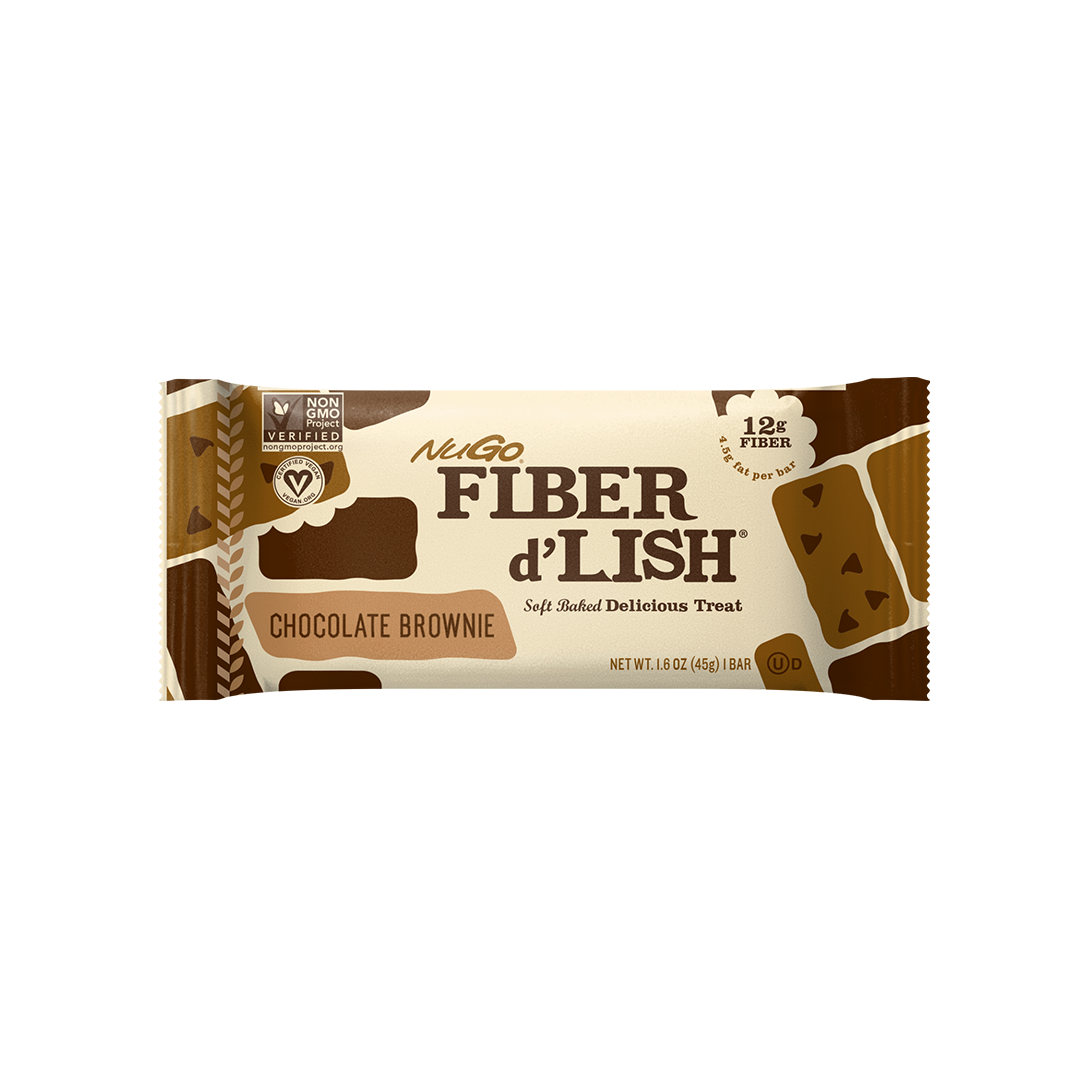NuGo Fiber D’Lish Chocolate Brownie Bar 45g, Fiber, Vegan, Soft-Baked Digestive Health Snack, Pack of 16 pcs