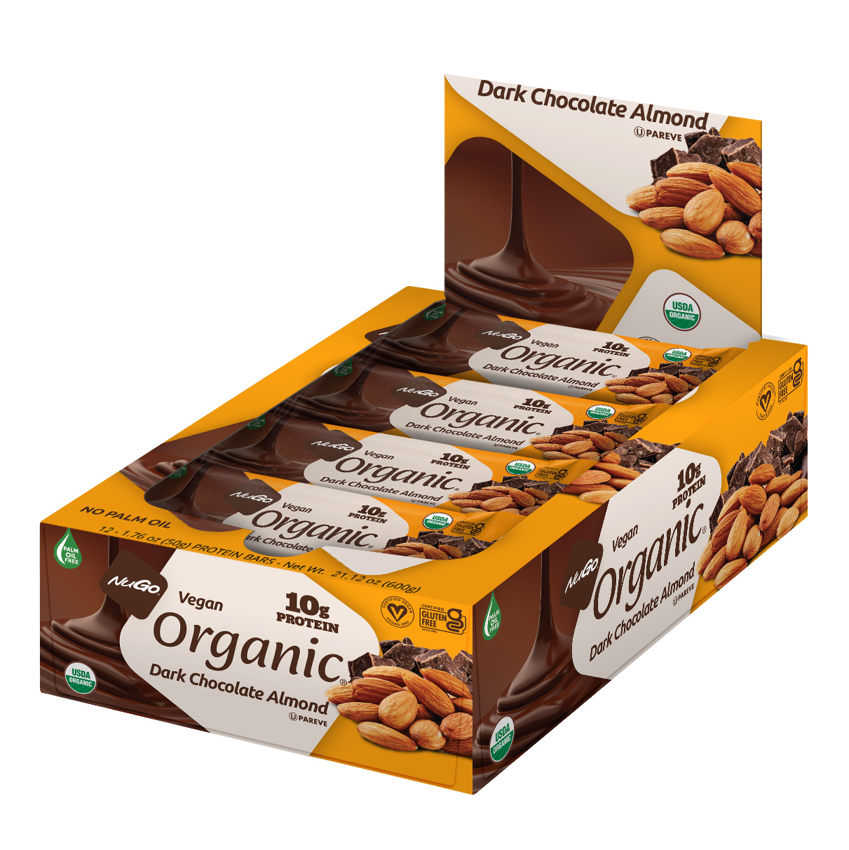 NuGo Organic Chocolate Almond Protein Bar 50g, Vegan, Gluten Free, 10g Plant Protein, Pack of 12 pcs