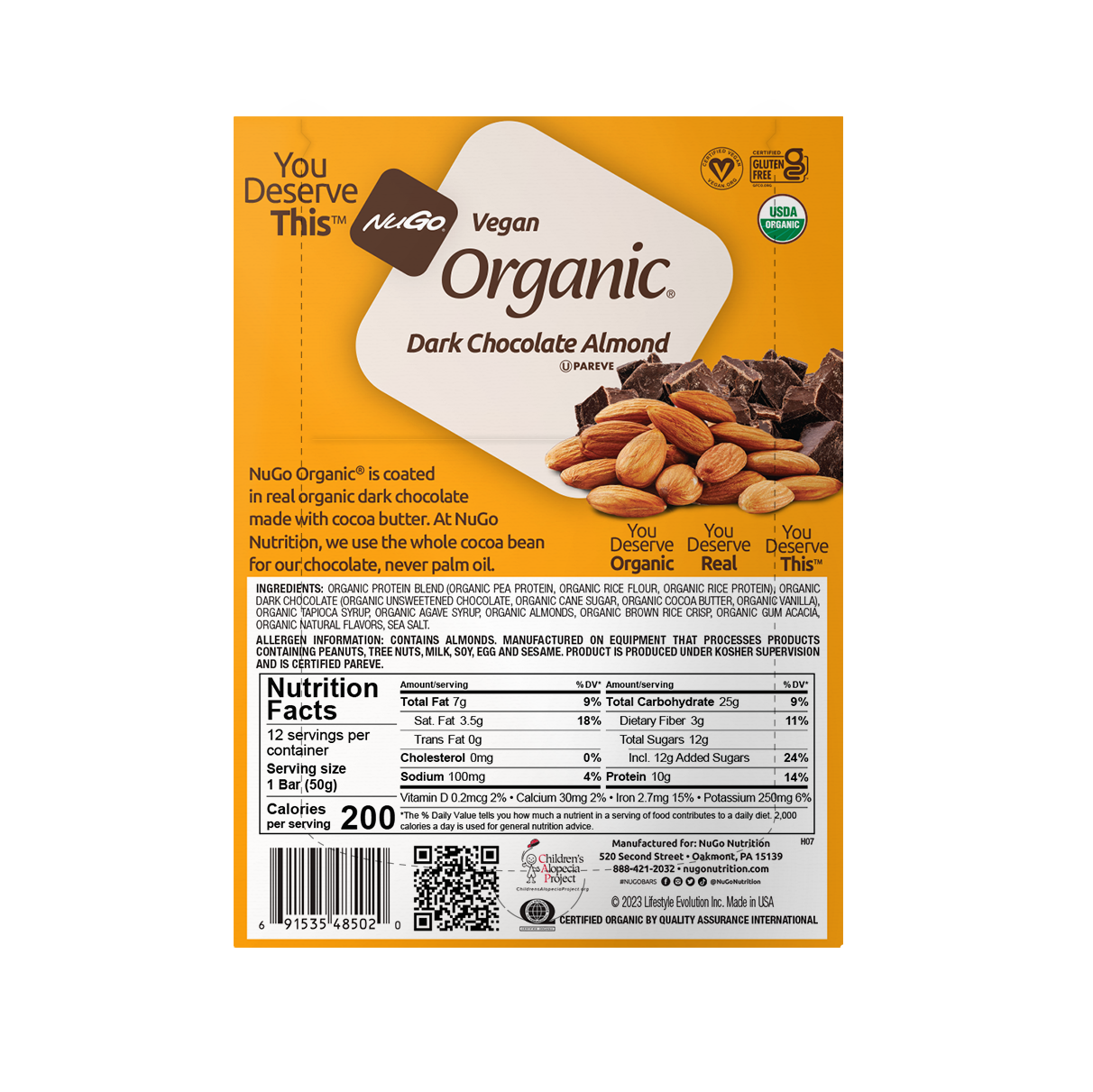 NuGo Organic Chocolate Almond Protein Bar 50g, Vegan, Gluten Free, 10g Plant Protein, Pack of 12 pcs