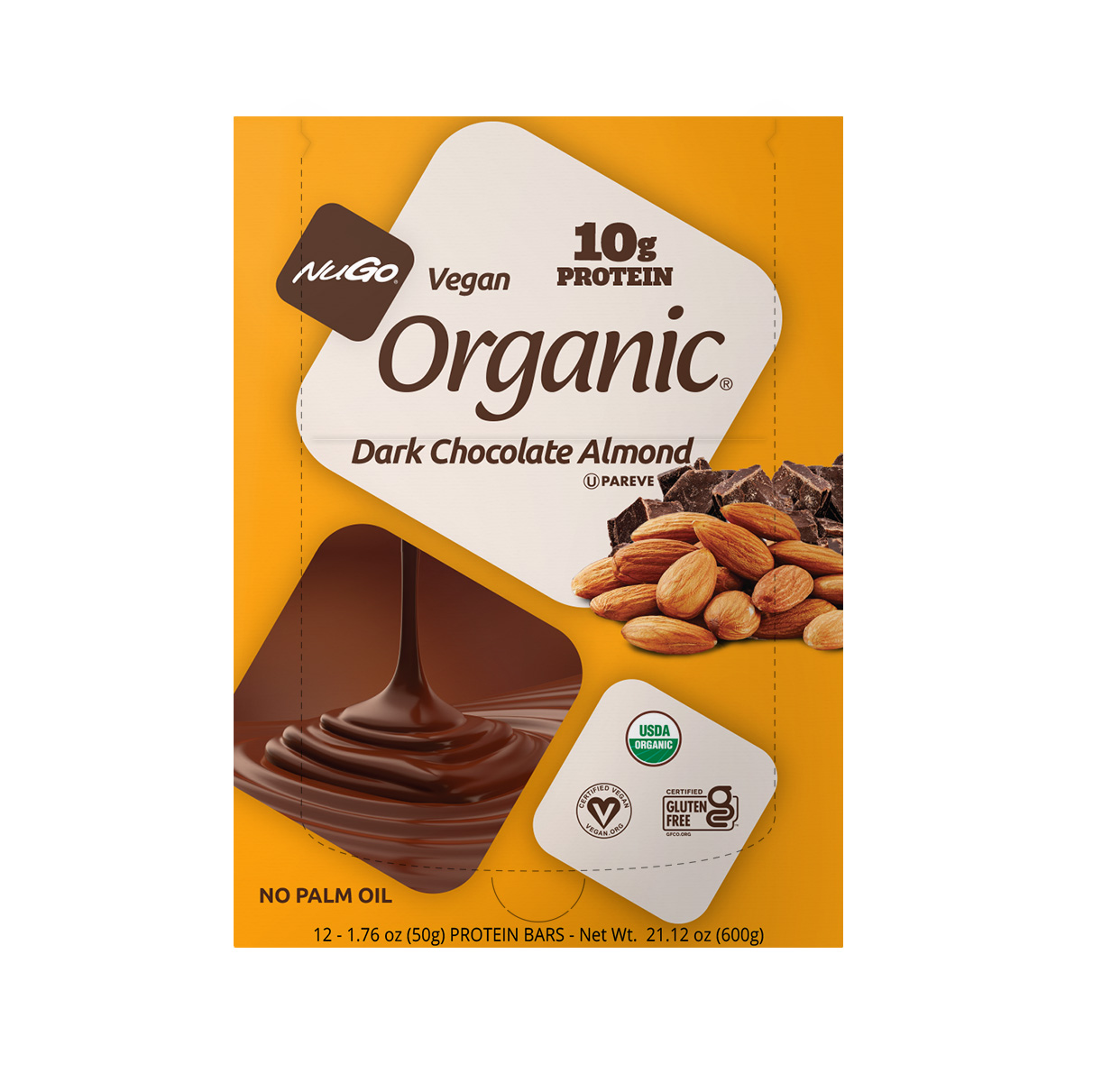 NuGo Organic Chocolate Almond Protein Bar 50g, Vegan, Gluten Free, 10g Plant Protein, Pack of 12 pcs