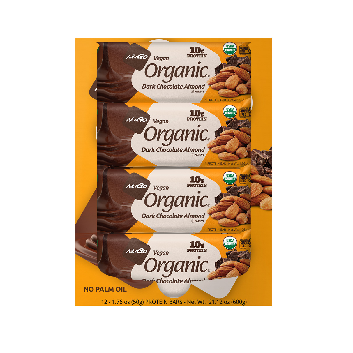 NuGo Organic Chocolate Almond Protein Bar 50g, Vegan, Gluten Free, 10g Plant Protein, Pack of 12 pcs